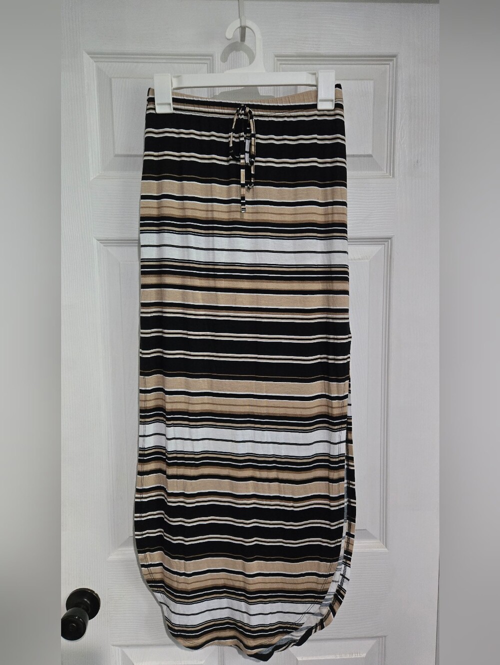 Ultra Flirt Striped Drawstring Maxi Skirt in Black, White & Tan | Size S